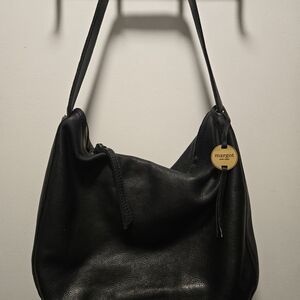 margot Black Pebbled Leather Shoulder Hobo with Gold Logo Charm